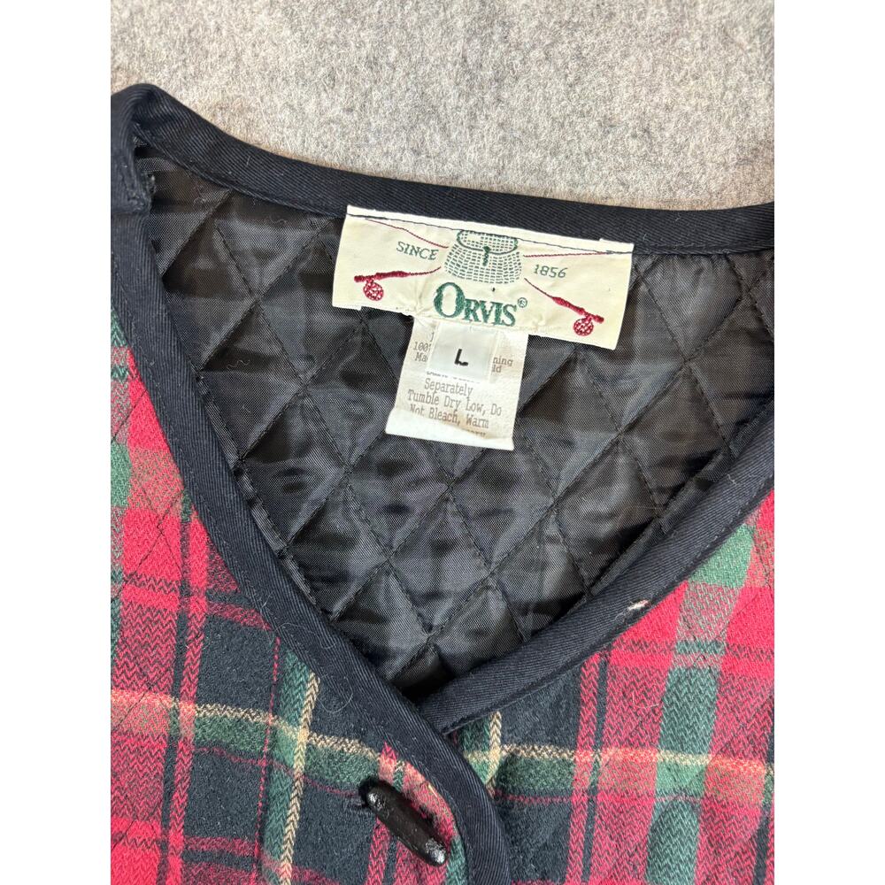 Vintage 90s Orvis Tartan Plaid Quilted Vest Womens L Red Black Flannel Outdoor - Picture 2 of 6
